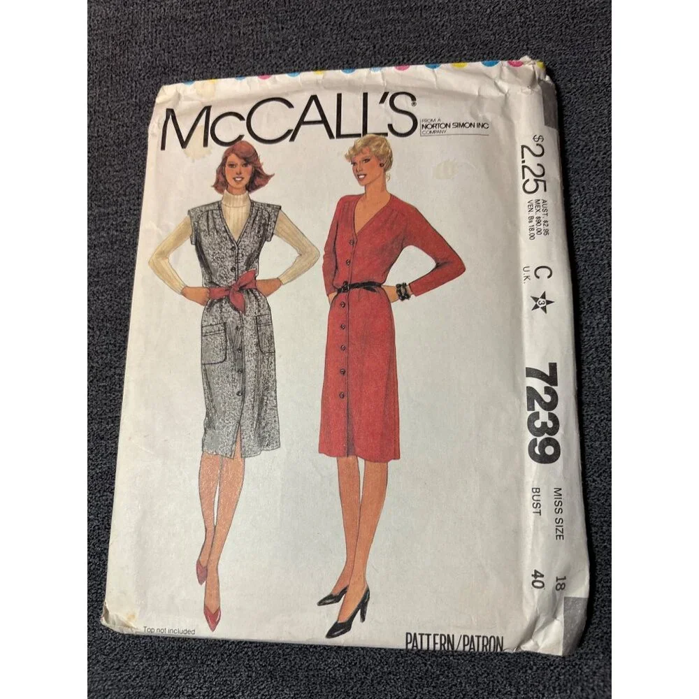 McCalls Vintage Sewing Pattern 7239 Misses Dress Size 18 uncut